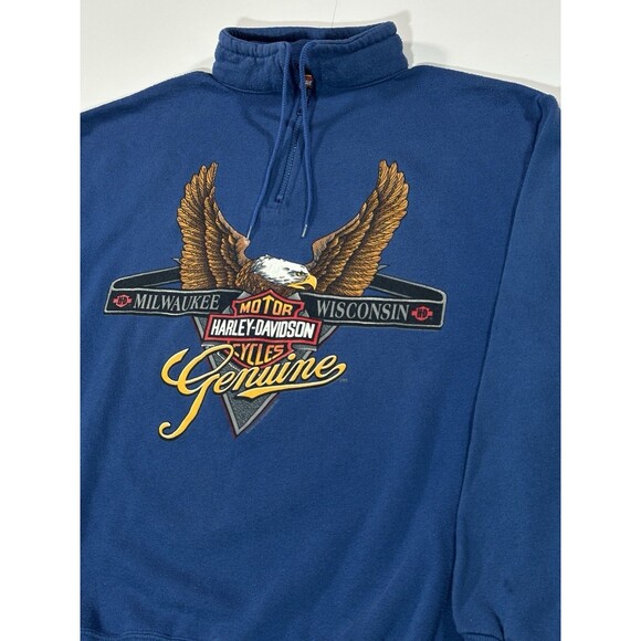 Vintage Harley Davidson 90s Quarter Zip Crewneck Blue Large Sweatshirt Milwaukee - Picture 3 of 15